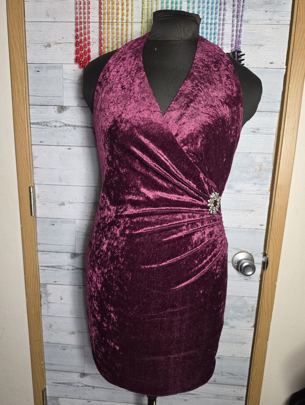 Vtg 90's Purple Crushed Velvet Halter Cocktail Dress Whimsical Goth Vamp Dark